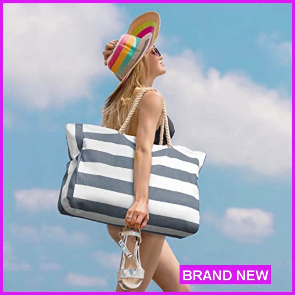 Large Waterproof Beach Tote Bag Zipper Closure Travel Essential Foldable - Picture 2 of 7